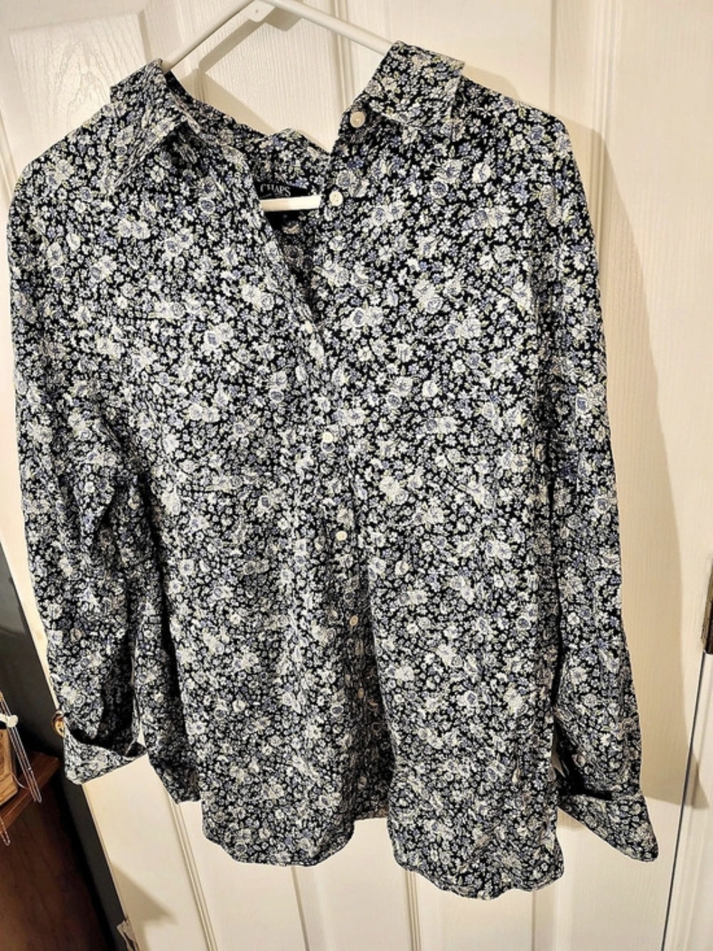 Chaps Floral Button Front Shirt in Black & White&Green&Blue